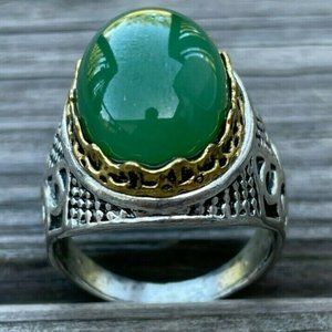 Men Rings Turkish Style SilverGold Tone Fashion Green Stone Jewelry Size 9.5